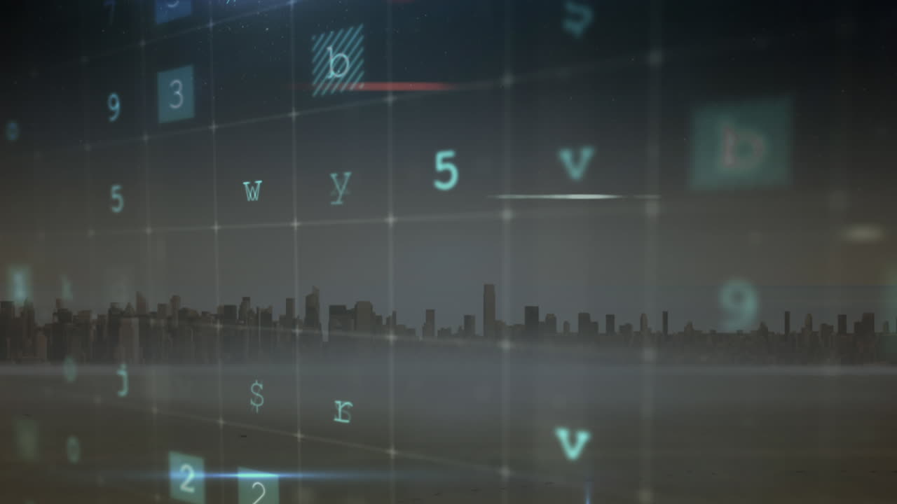 Animation of cyber attack warning and data processing over cityscape background