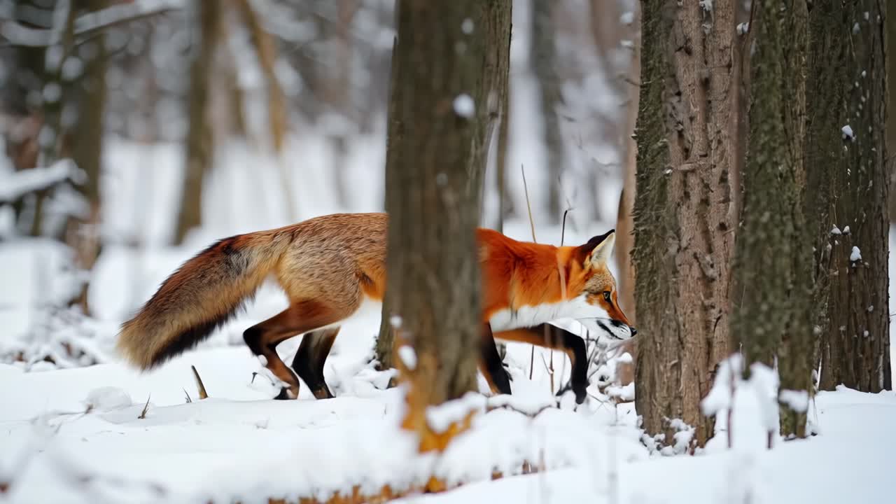 Thick furred red fox navigating snowy woodland environment during winter season, moving cautiously through forest landscape with natural grace