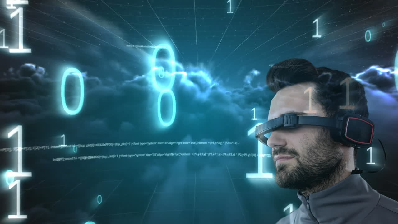 codificación binaria y procesamiento de datos contra el hombre caucásico que usa gafas vr contra nubes oscuras