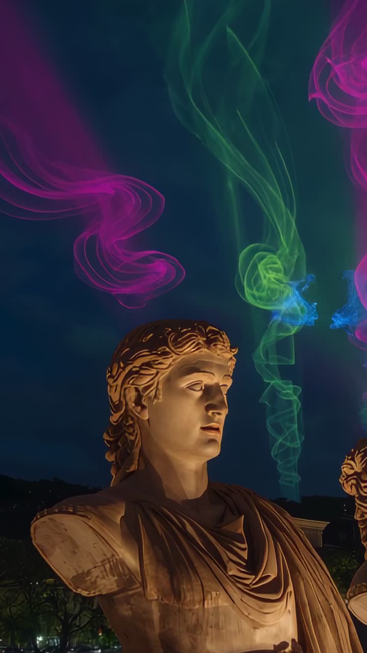Video verticale: luci che illuminano un busto di marmo mentre pennacchi magenta e verdi si innalzano su una piazza
