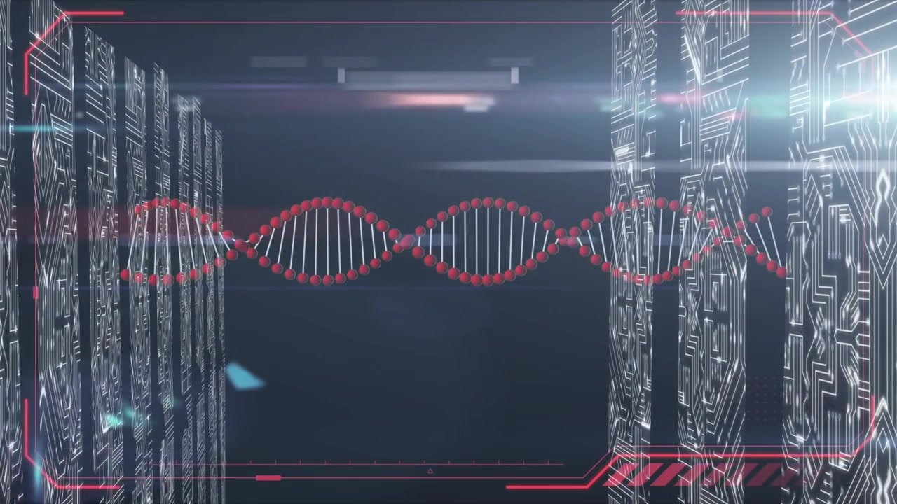 Animation of dna strand spinning and data processing over computer servers