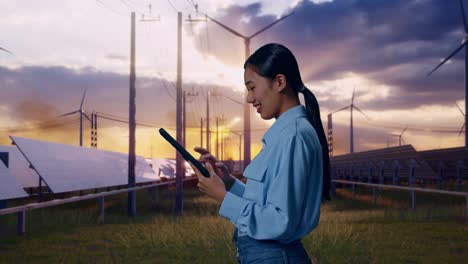 Side View Of Asian Female With Her Tablet With Solar Panel and Wind Turbines, Checking On Her Tablet With Meditation