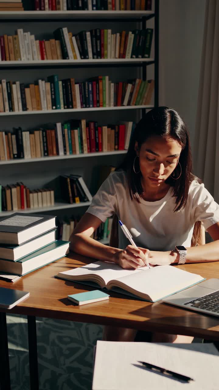 En kvinne som skriver ved et solfylt skrivebord i et bibliotek, sett fra siden.