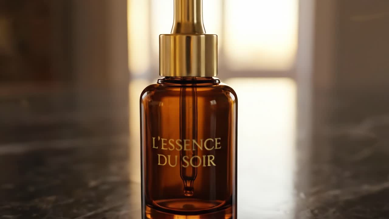 Elegante flacone contagocce di siero cosmetico su superficie di marmo riflettente
