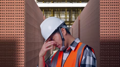close up side view of asian male engineer with safety helmet having a headache while working with red brick packed in stacks are stored
