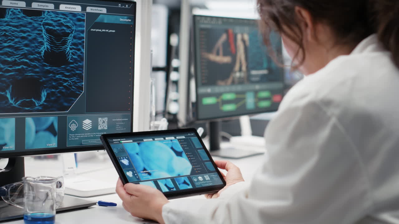 Vertical video Laboratory manager and trainee using tablet app to process DNA patient data