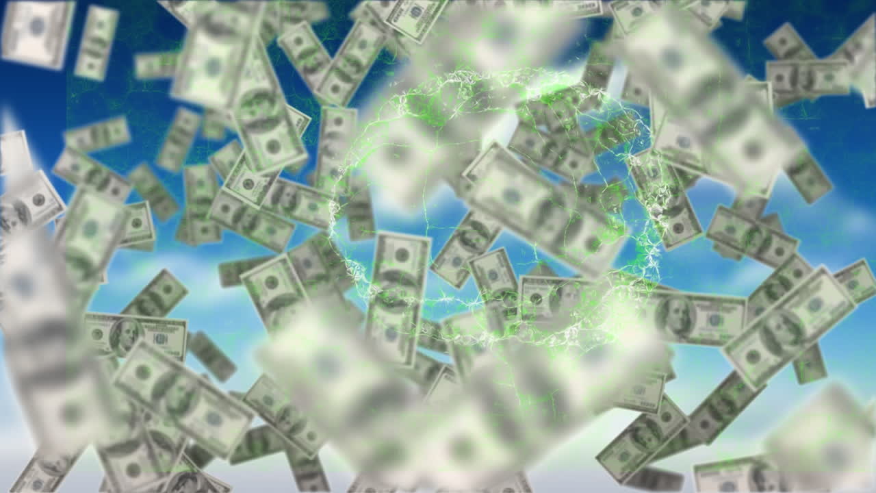 디지털 뇌와 파란색 배경에 떨어지는 달러 지폐의 애니메이션