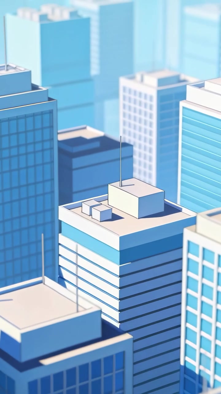 Video verticale: Panoramica della telecamera che mostra grattacieli urbani, tetti con unità HVAC, rivelando le facciate.