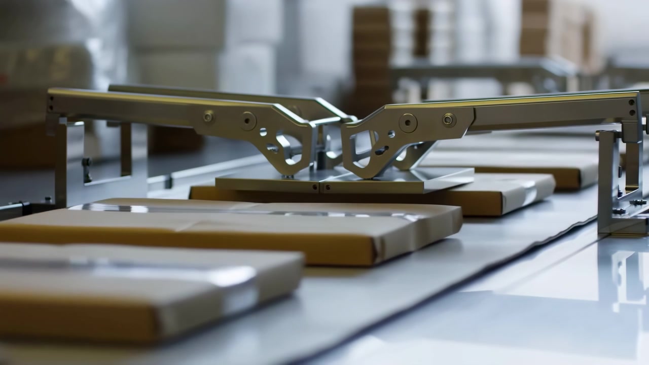 Jointed metal arms gradually descend while a central plate approaches one of several evenly spaced rectangular pieces, shown in a bright workspace with shallow depth of field.