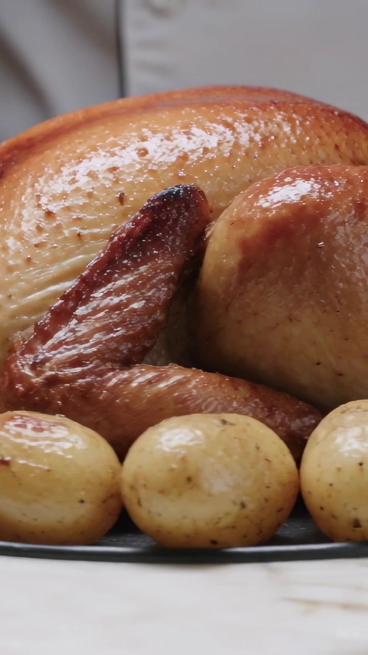 Vertical video: Plating chef hand entering left lining potatoes by roast chicken on tray in kitchen