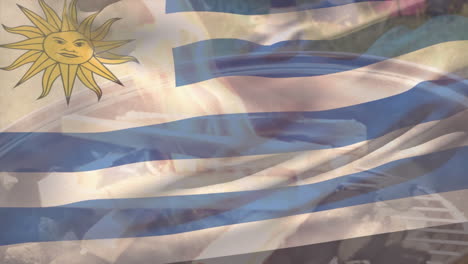 animación de la bandera de uruguay ondeando sobre la leña quemándose en la parrilla de la barbacoa