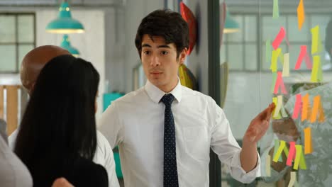 business executives discussing over sticky note on glass wall 4k