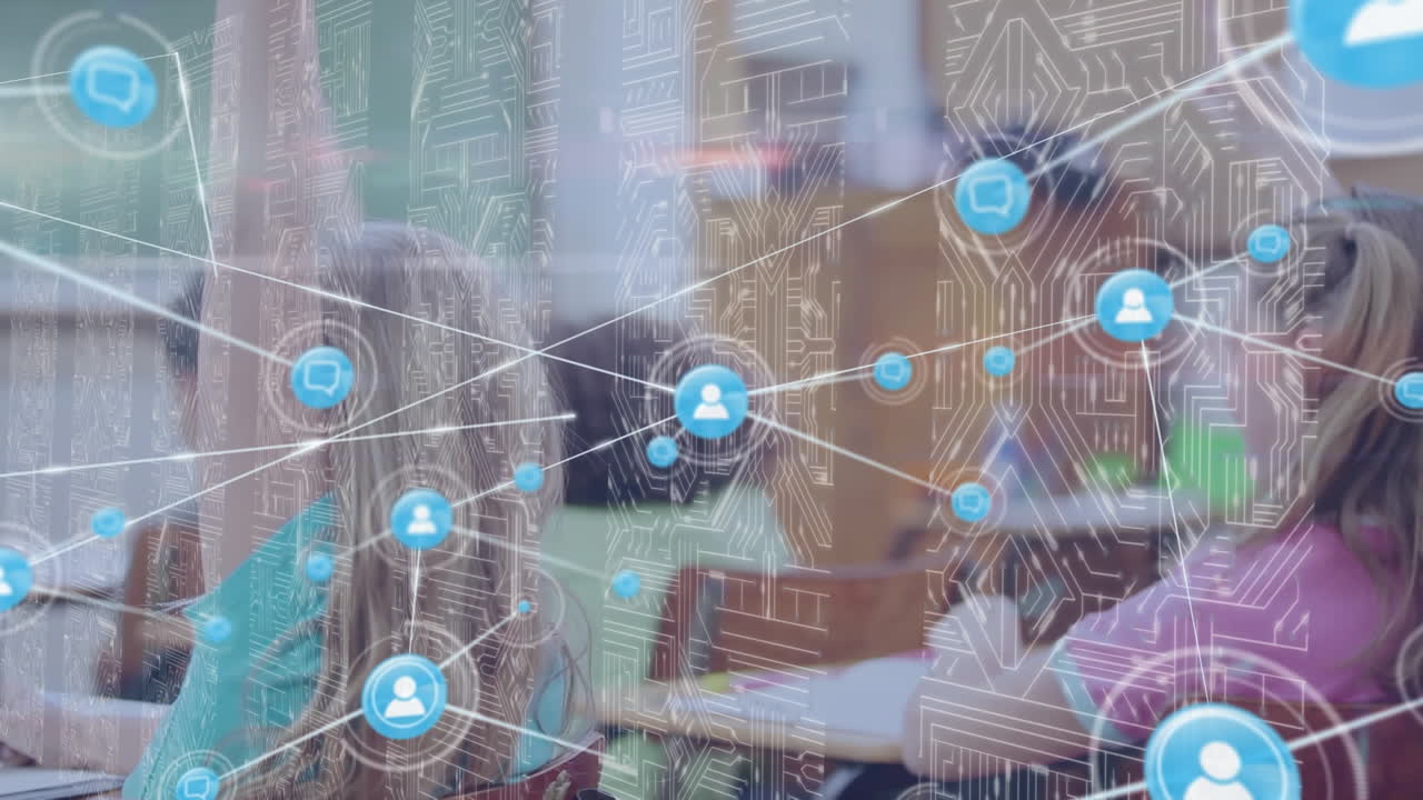 배경에 소셜 미디어 표지판을 통해 교실에 있는 아이들의 애니메이션