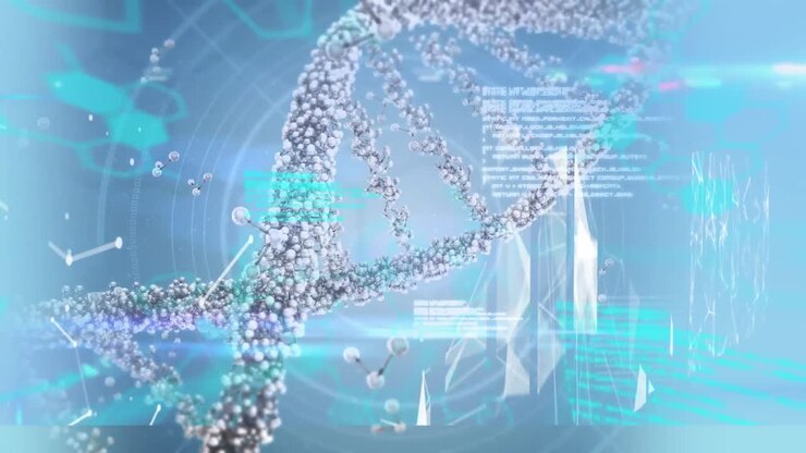 Digital animation of dna structure spinning medical data processing in background