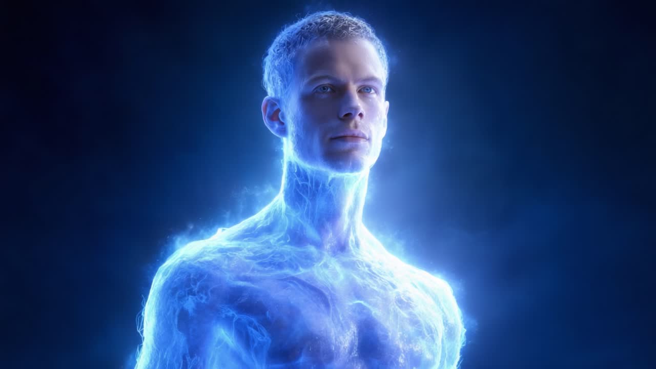 A captivating transformation of a human figure enveloped in electric energy and bluish glow, symbolizing power, strength, and ethereal presence in a surreal atmosphere