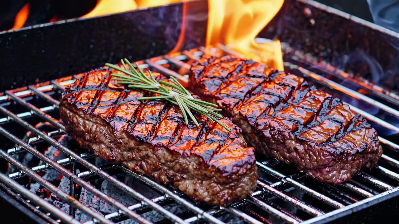 Due succulente bistecche di manzo che grigliano su fiamme vive