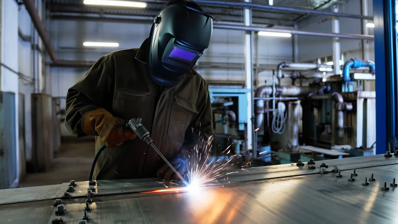 Welder Working with Sparks in an Industrial Factory