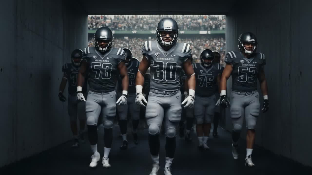 A Determined Football Team Emerges from the Tunnel, Ready to Conquer the Field with Unmatched Energy and Team Spirit in Their Stylish Grey Uniforms
