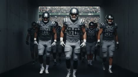a determined football team emerges from the tunnel, ready to conquer the field with unmatched energy and team spirit in their stylish grey uniforms