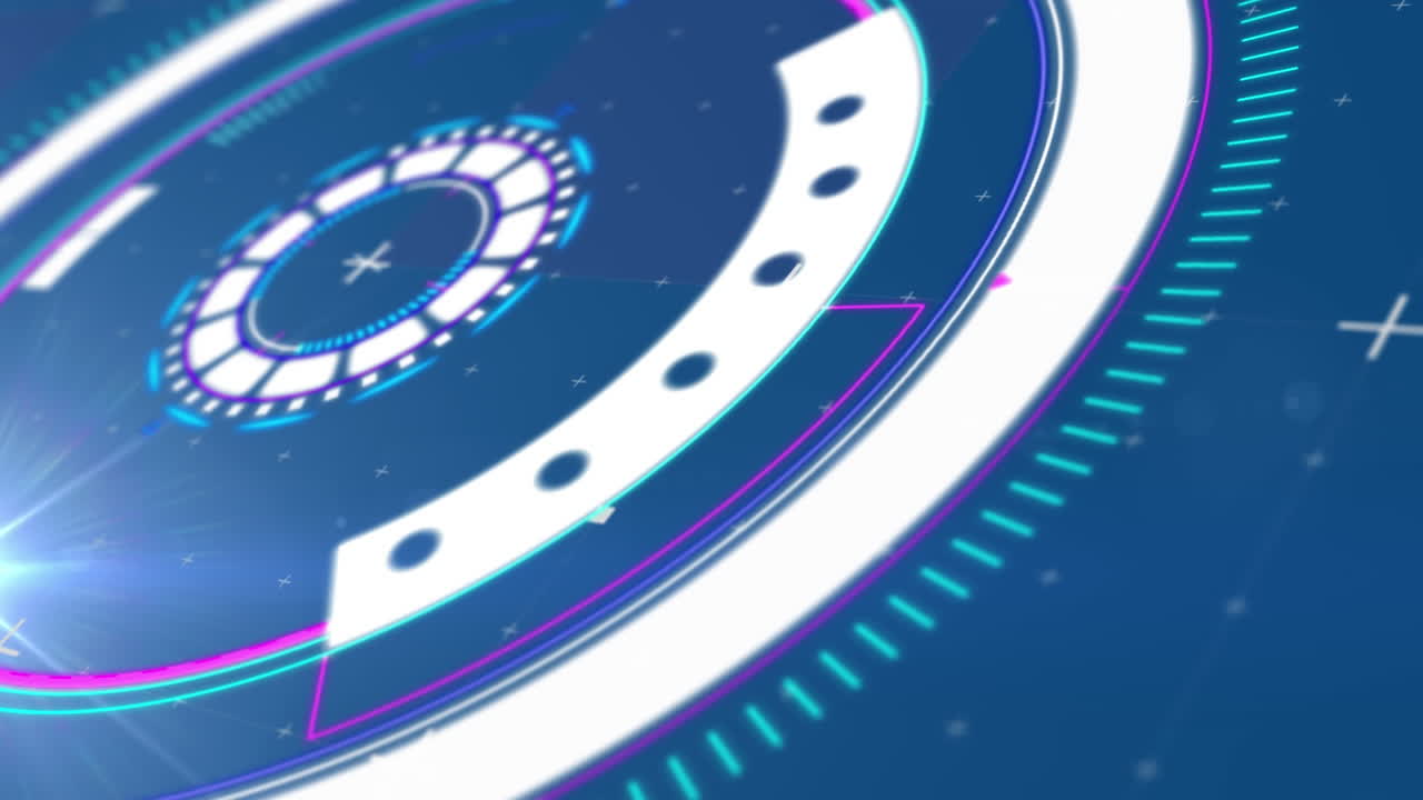 파란색 배경에 렌즈 플레어 위에 원을 둘러싼 기하학적 모양의 애니메이션