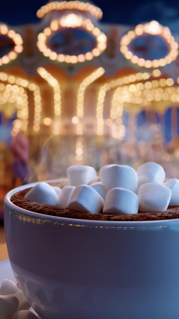 Una delizia accogliente: primo piano di una tazza calda di cioccolata calda con marshmallow montati su uno sfondo festivo e sfocato da carnevale