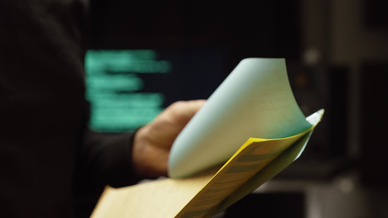 Cinematic close-up of hands signing paperwork with a blurred code-filled monitor behind—concept for AI contracts, copyright agreements, licensing, legal compliance, and digital rights management
