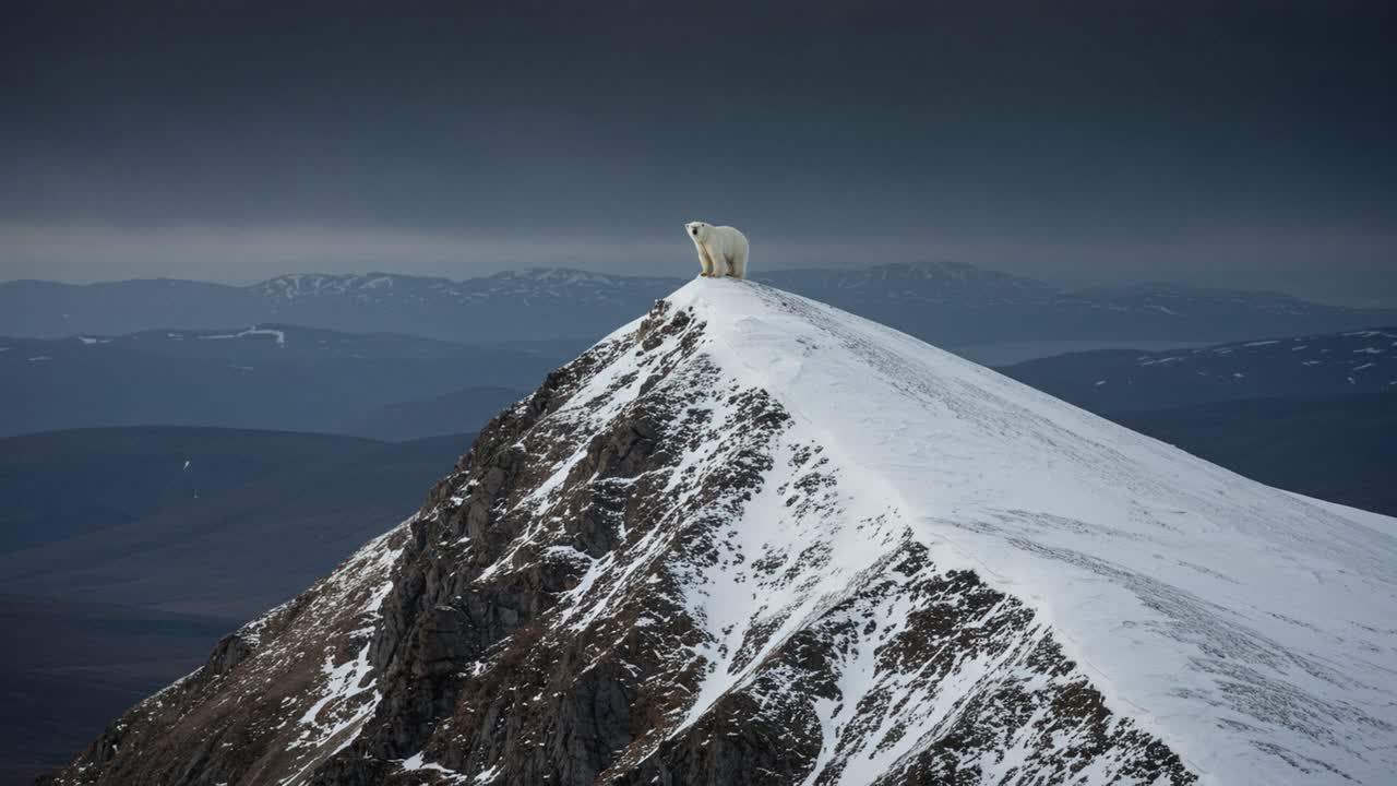 In the stunning Arctic landscape, a polar bear stands atop a snow-covered mountain peak, surveying its surroundings. The dramatic sky enhances the scene, with dark clouds contrasting against the white snow. This majestic creature exemplifies resilience in its natural habitat, surrounded by vast moun