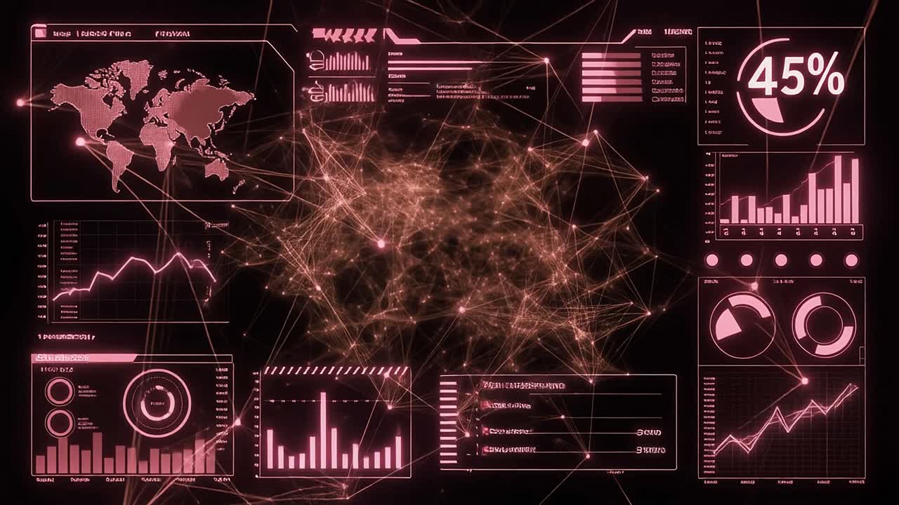 Futuristic Digital Interface Displaying Data Network and Analytics