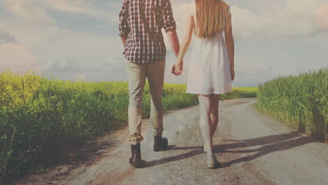 multiple light spots floating against rear view of caucasian couple holding hands walking