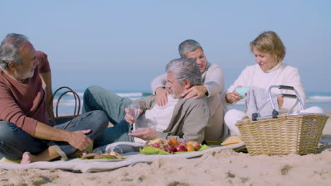 peaceful senior men and women having picnic on sandy shore