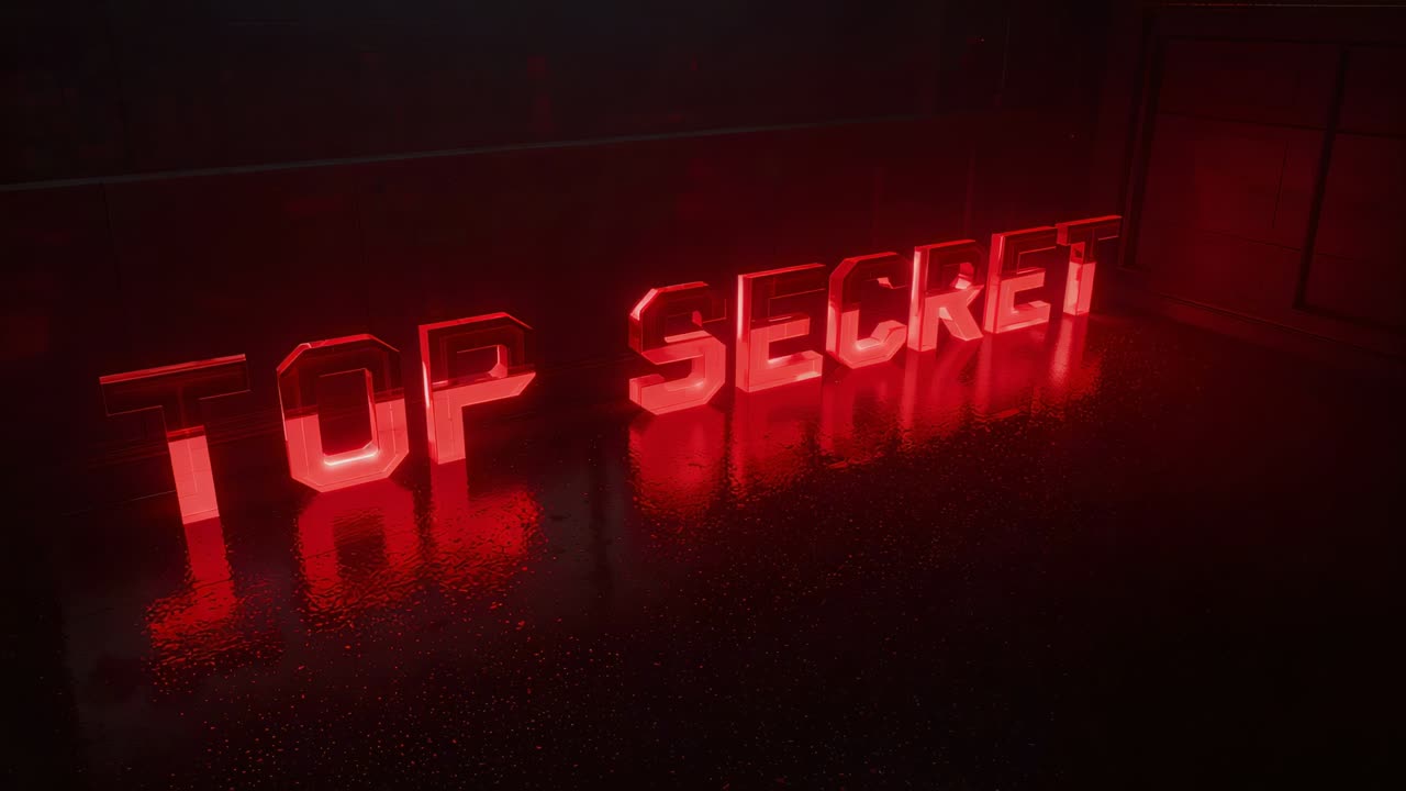 Sliding camera showing red-lit TOP SECRET sign on glossy floor in dim space, revealing letters