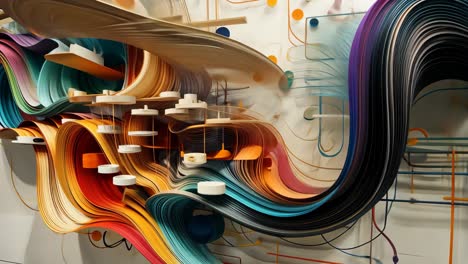 colorful abstract art installation featuring flowing lines and circles