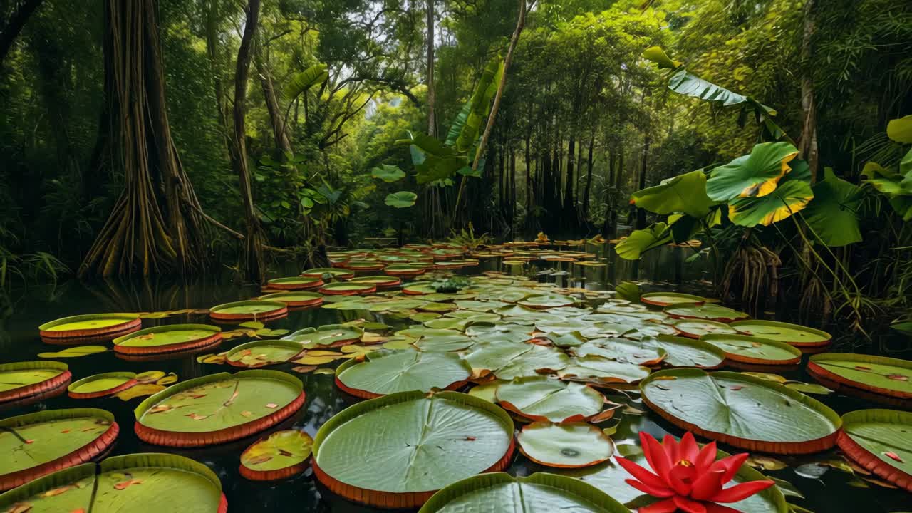 Dense tropical rainforest vegetation surrounding giant water lilies floating on calm waters, revealing intricate ecosystem and natural beauty of Amazon region