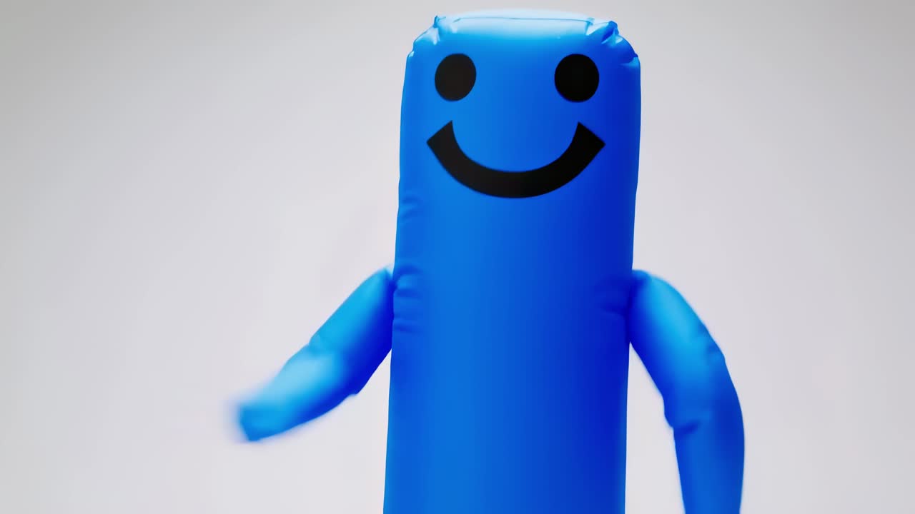 Inflatable tube man waving wildly, dancing with vibrant energy against white backdrop, expressing dynamic marketing enthusiasm through animated air puppet movement