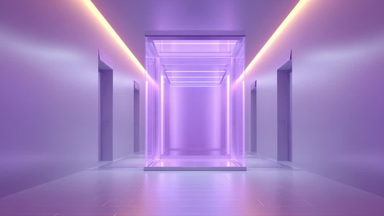 Glass elevator with purple neon lights arriving in a futuristic, empty lobby with reflective floors. Modern architectural interior design with minimalist aesthetics and glowing atmospheric lighting