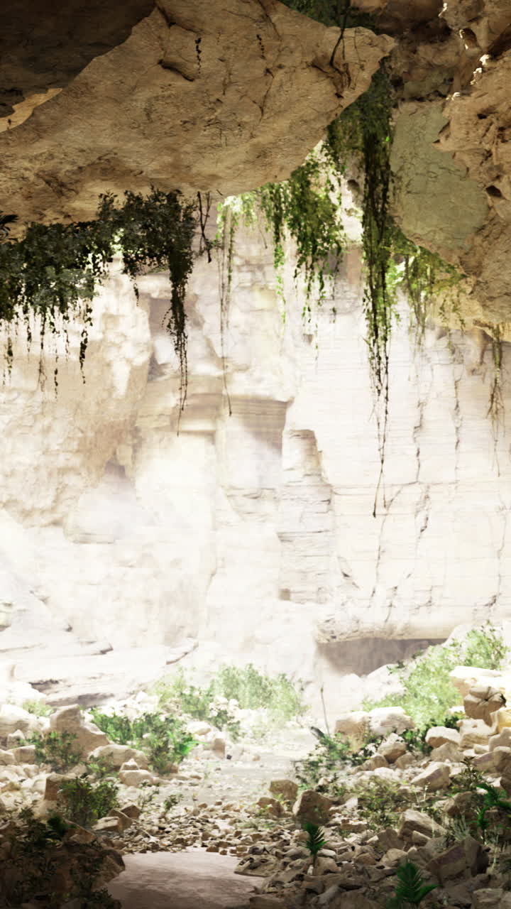 Light shines through a rocky cave surrounded by greenery in nature