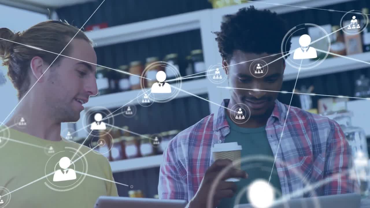 Animation of network of profile icons over two diverse women discussing over a laptop at a cafe