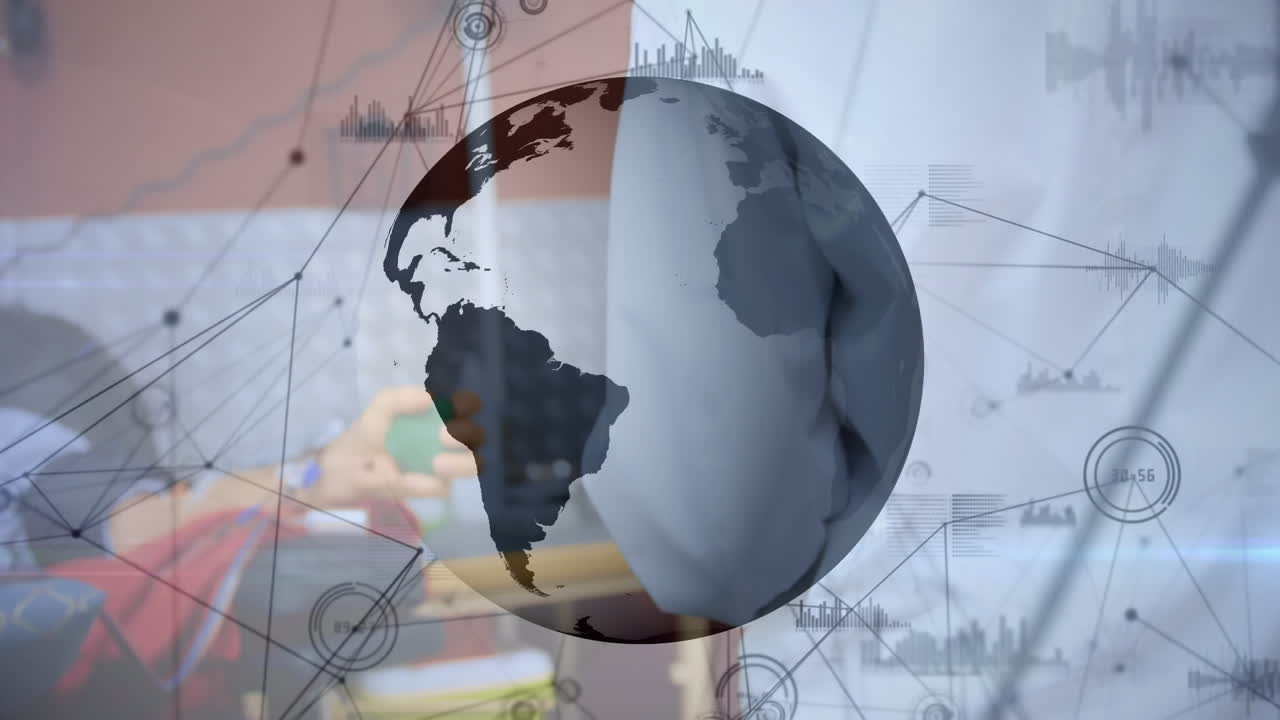 animación de la red de conexiones y el globo sobre el científico en el laboratorio