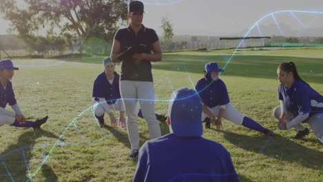 coach instructing baseball team, data processing animation over players on field