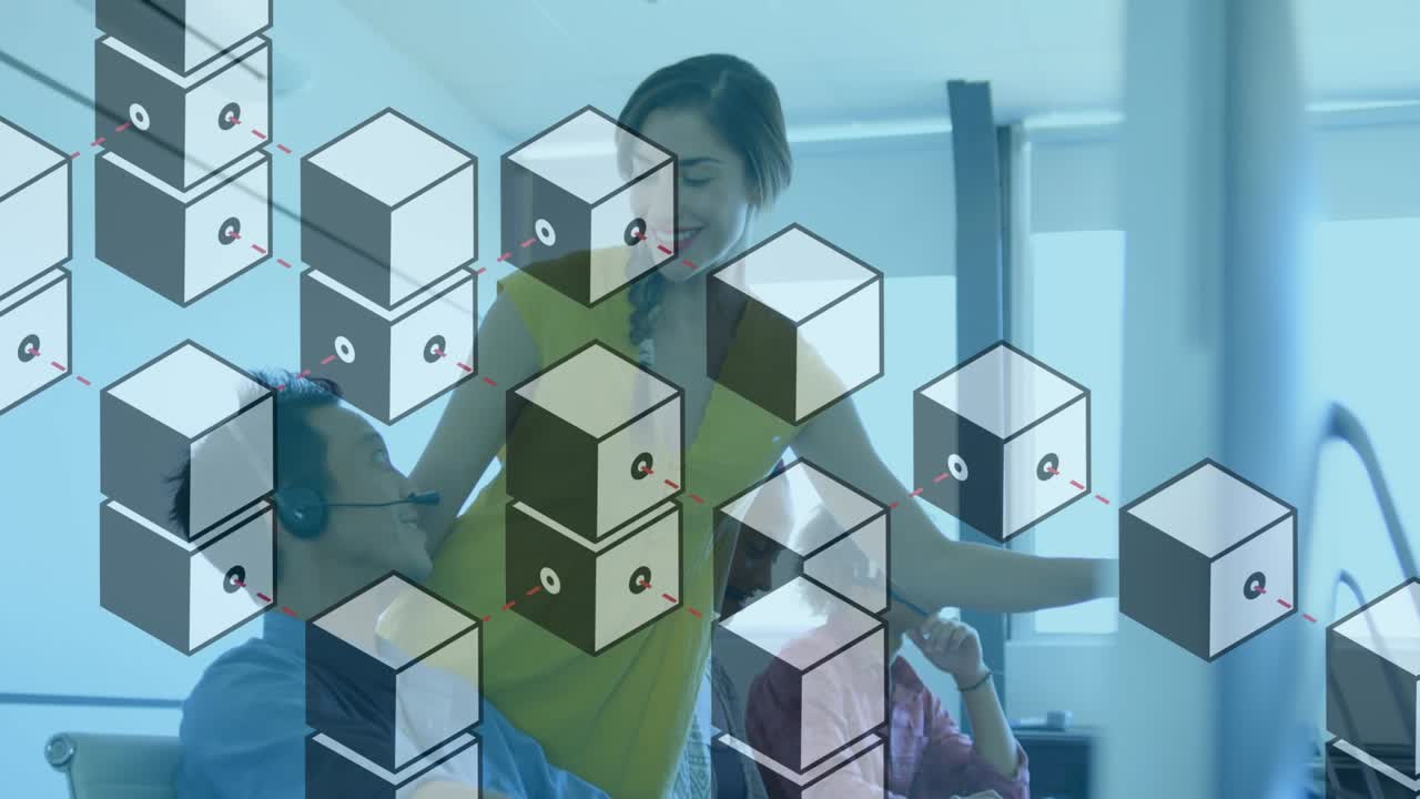 Animation of cubes moving over tow diverse women working together