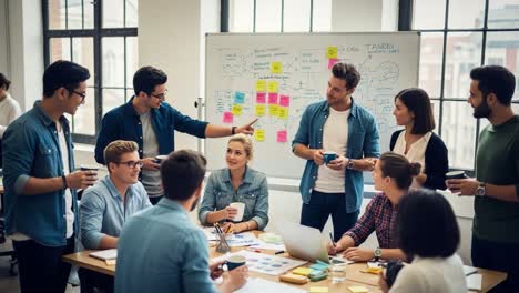 a dynamic team brainstorming session in a modern office space, collaborating over ideas and strategy with visual aids and coffee in hand