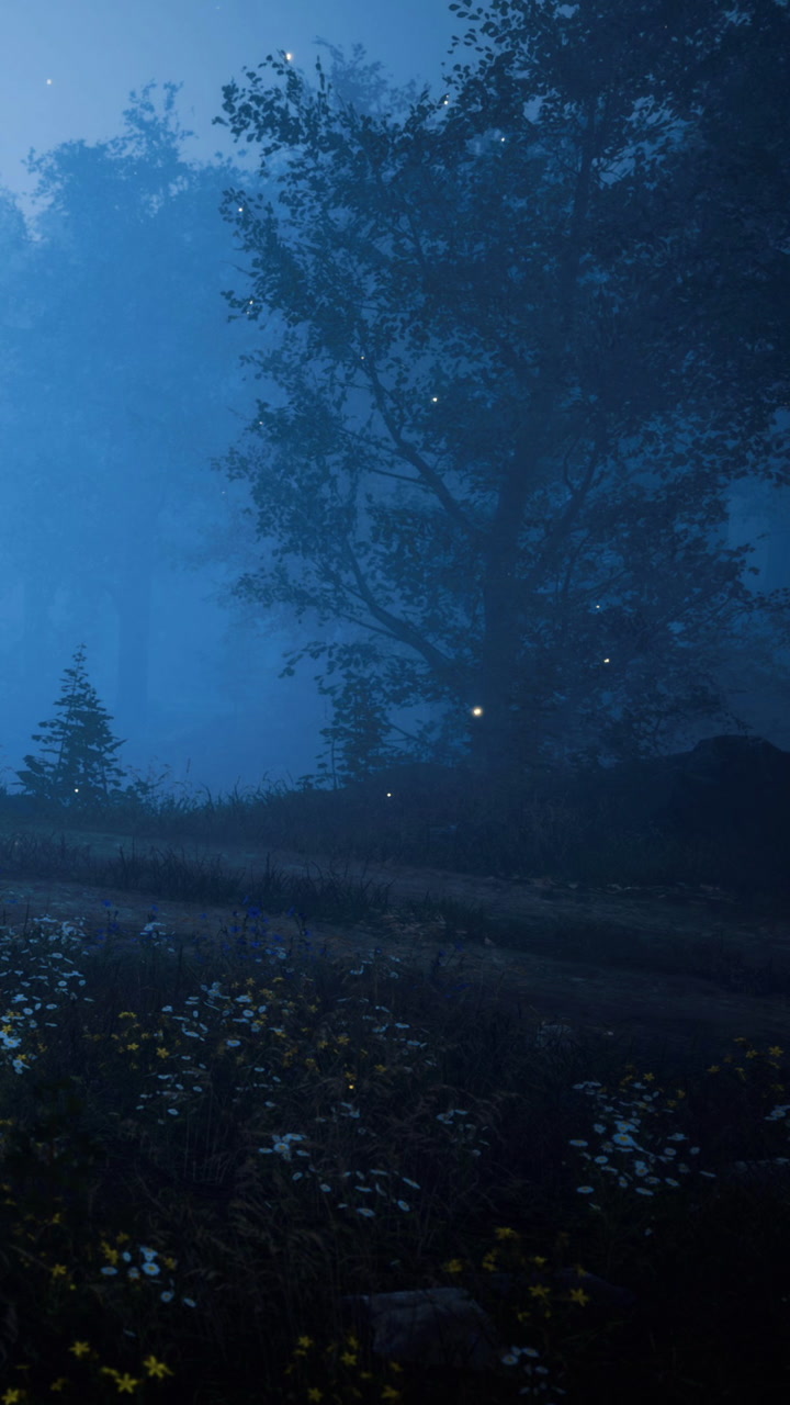 Misty forest path with soft light in early evening hours near trees