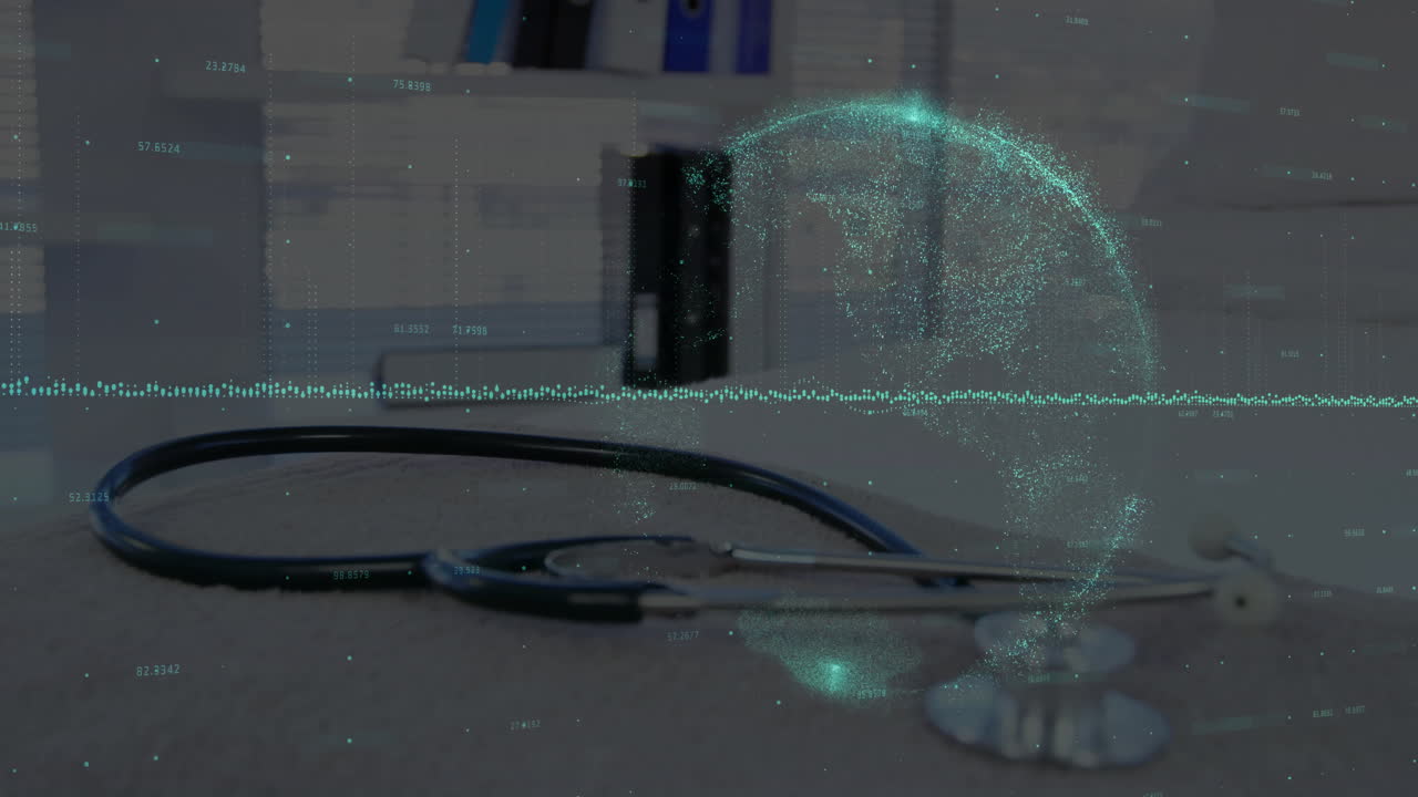 Medical stethoscope being shown on desk, with holographic data globe rotating around teal numbers