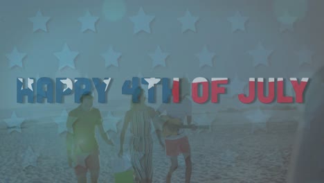 animation of happy 4th of july text and american flag over smiling friends on beach