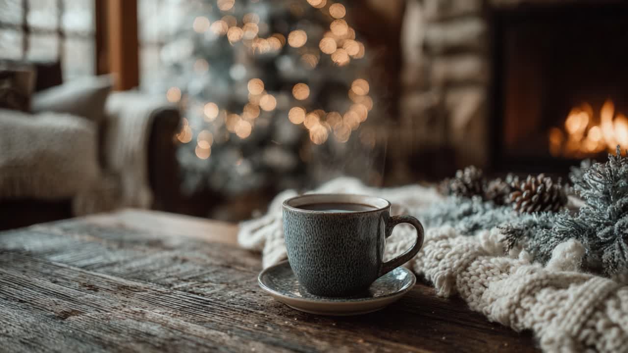 A Cozy Winter Scene Featuring a Warm Cup of Coffee by the Fireplace Amidst Soft Blankets and a Beautifully Decorated Christmas Tree