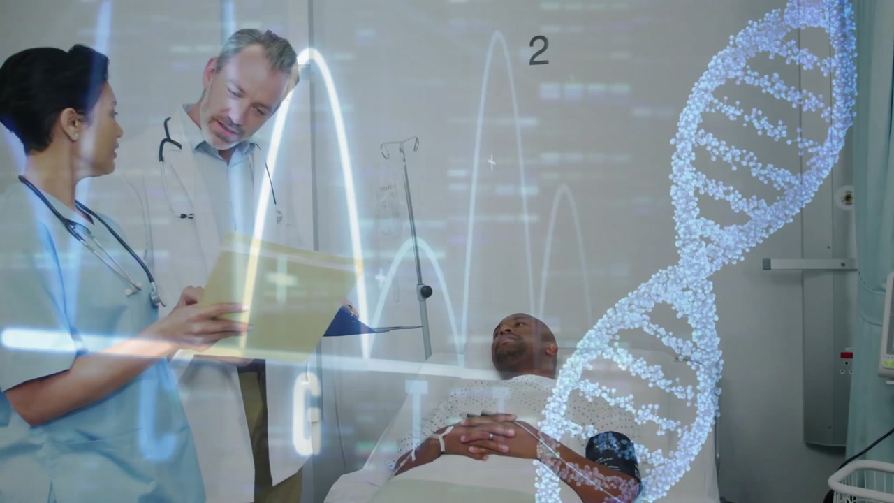 Animation of dna strand and data processing over diverse doctors in hospital