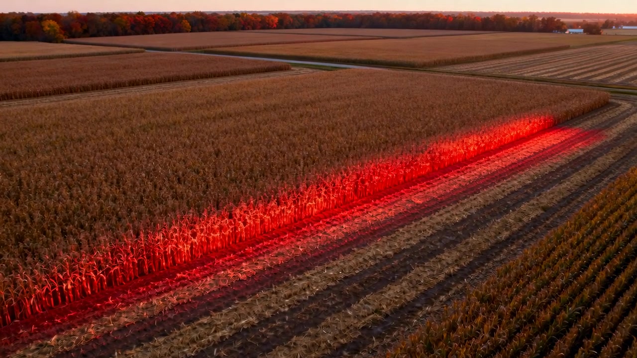 Moving sensor red band scanning corn row over field at dusk for crop scan highlighting crops