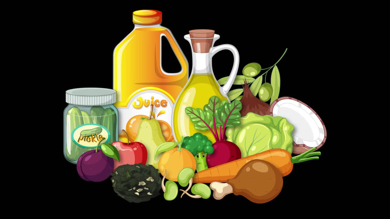 Various raw foods and beverages assemble smoothly, forming a colorful group on a black background