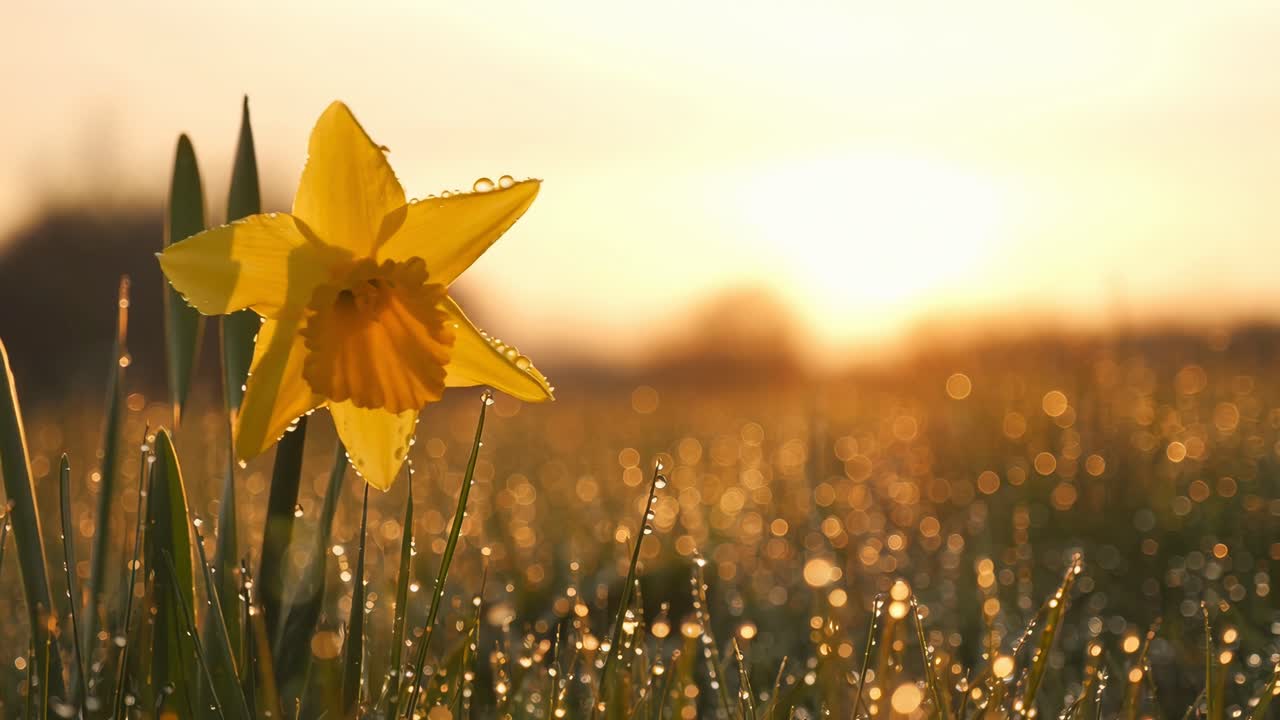 Close-up, low-angle shot of a dewy daffodil at sunrise, capturing a serene, cinematic video feel