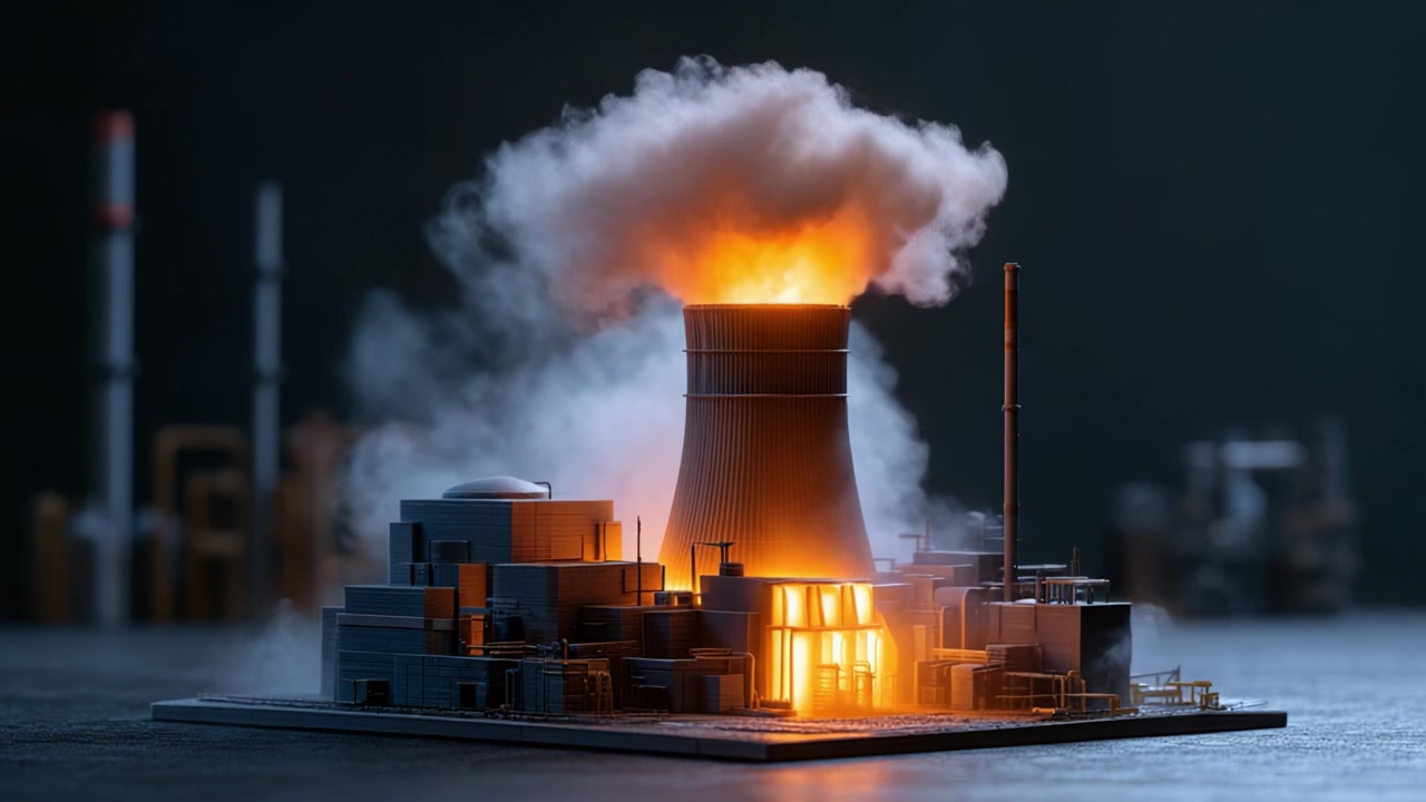 Un Modello Altamente Dettagliato di una Centrale Nucleare in Eruzione, Che Mostra Fiamme e Fumo Drammatici Emessi dalla Torre di Raffreddamento e dall'Infrastruttura Circostante.
